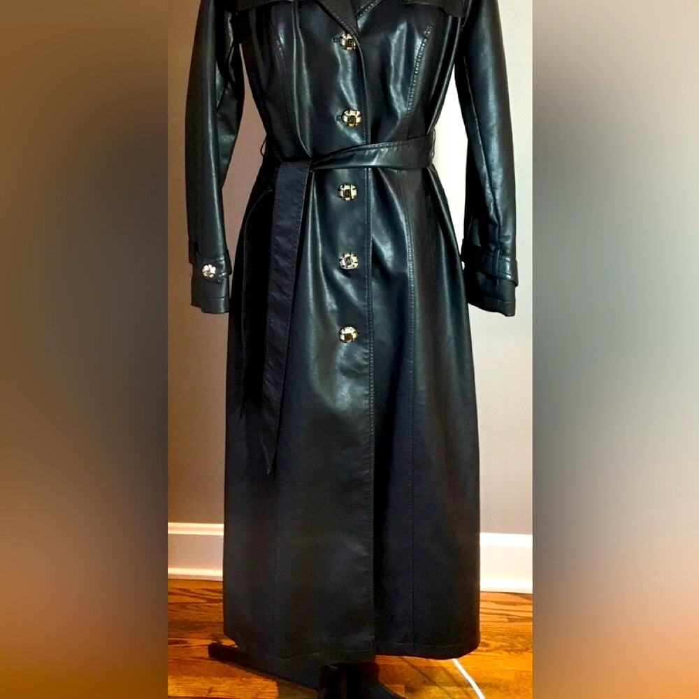 DENNIS BASSO Trench coat Black faux leather Full length Vintage SMALL a Classic - Picture 5 of 17